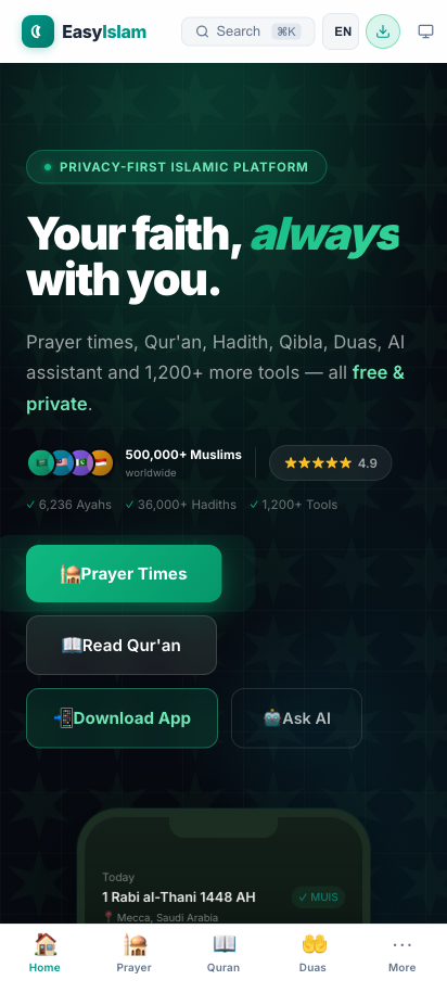 EasyIslam app showing prayer times and the home screen